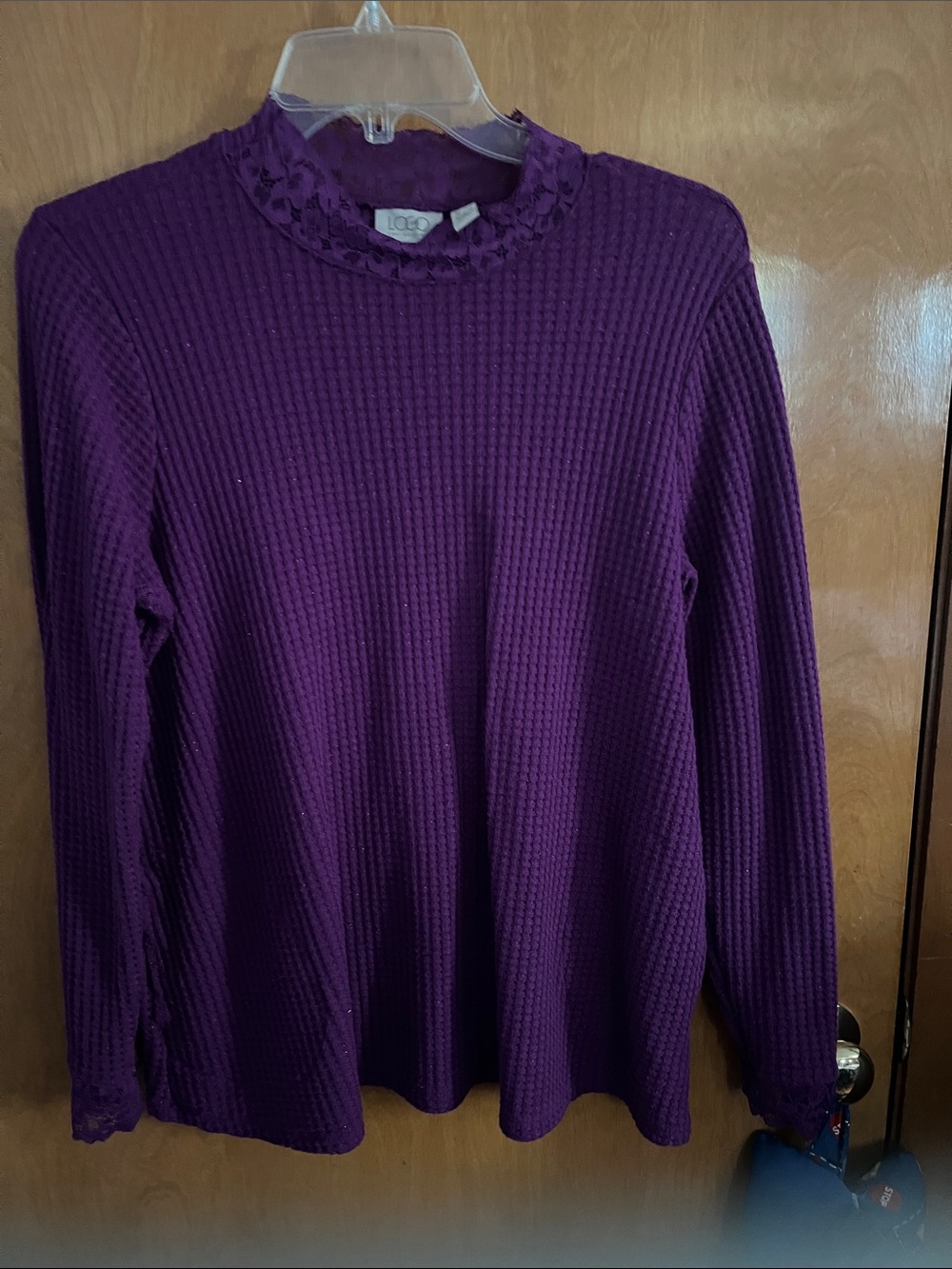Ice Deep Purple Ribbed Long Sleeve Top with Lace Collar